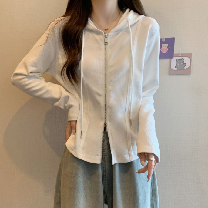 韓版顯瘦雙拉鍊不規則連帽寬鬆長袖T恤-HaloBless