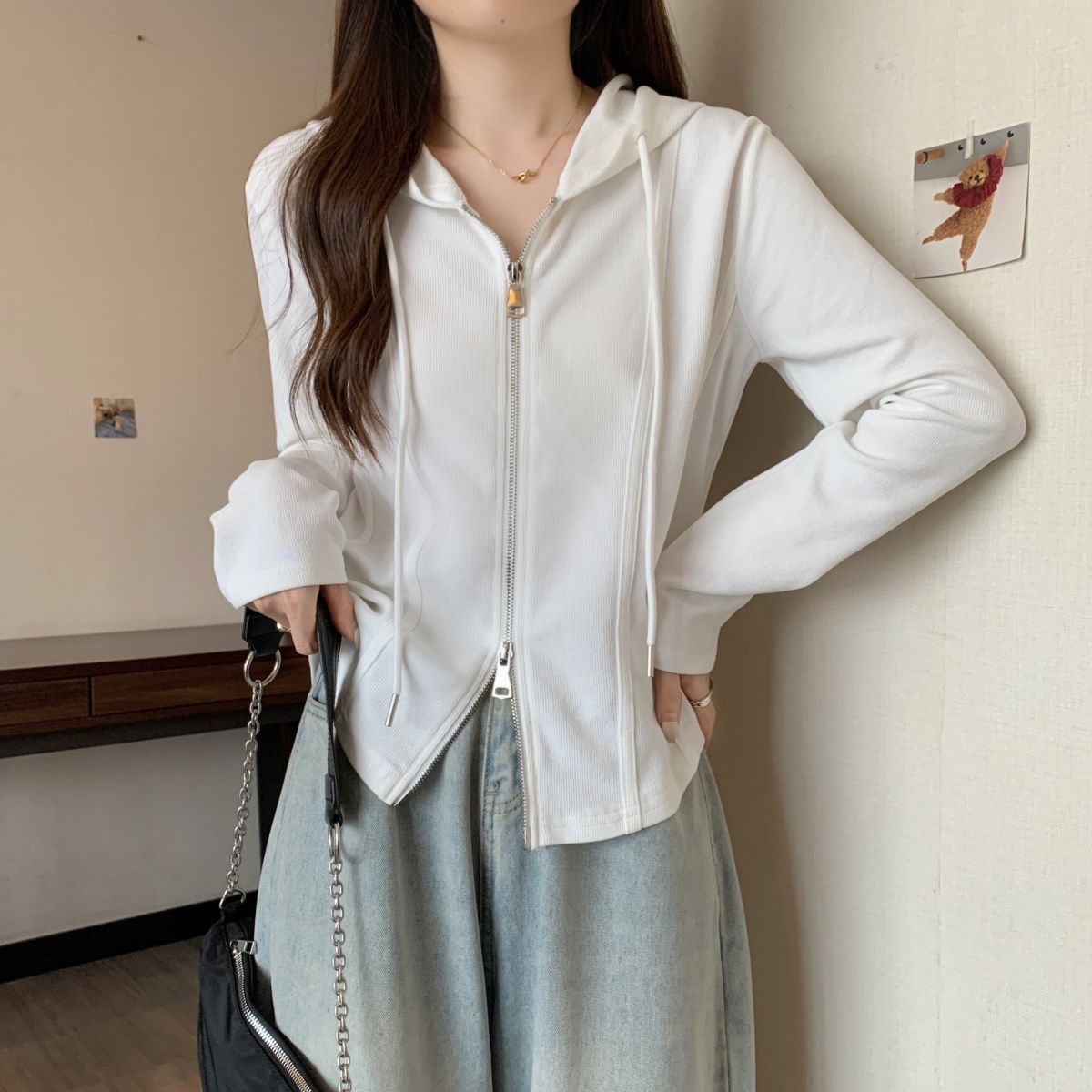 韓版顯瘦雙拉鍊不規則連帽寬鬆長袖T恤-HaloBless