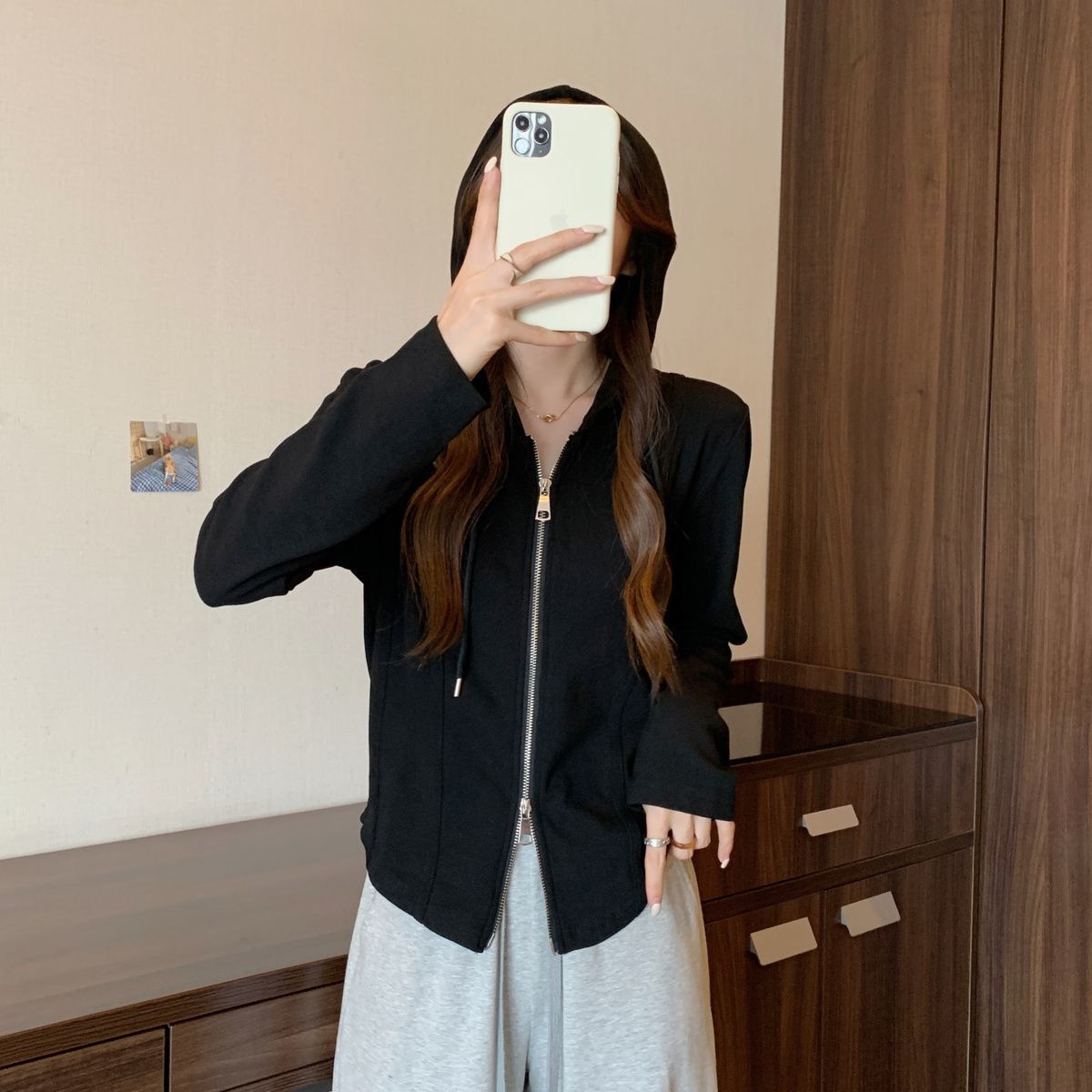 韓版顯瘦雙拉鍊不規則連帽寬鬆長袖T恤-HaloBless