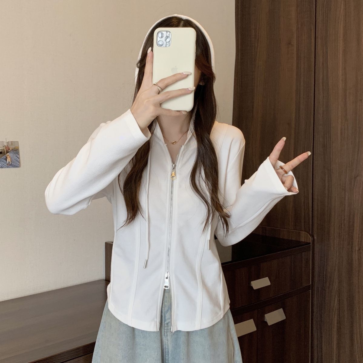 韓版顯瘦雙拉鍊不規則連帽寬鬆長袖T恤-HaloBless