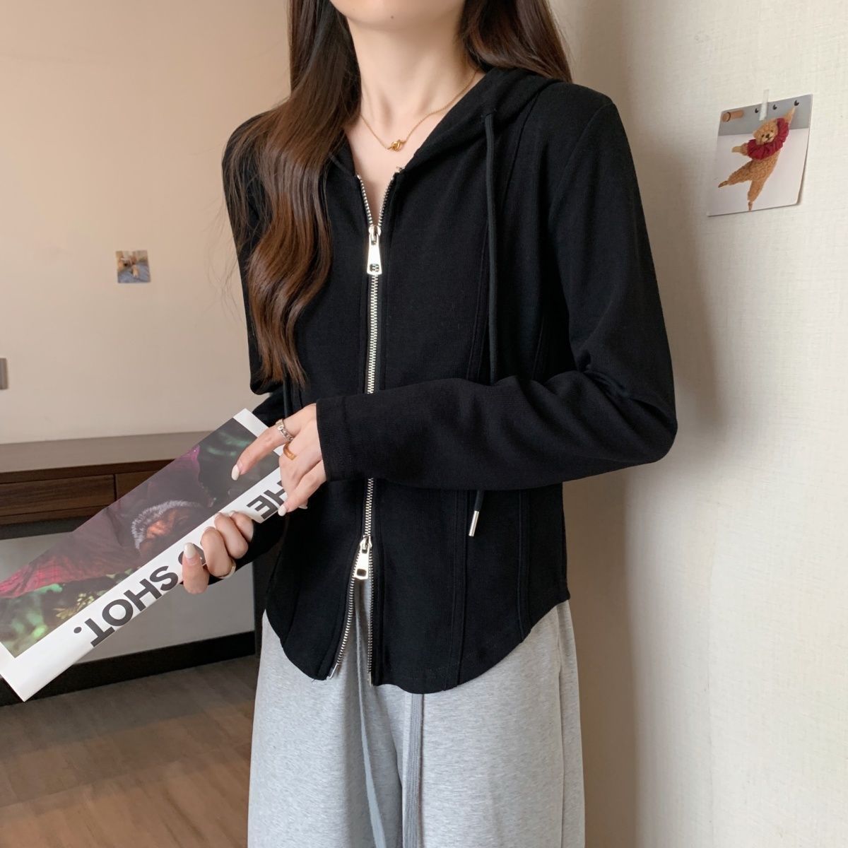 韓版顯瘦雙拉鍊不規則連帽寬鬆長袖T恤-HaloBless