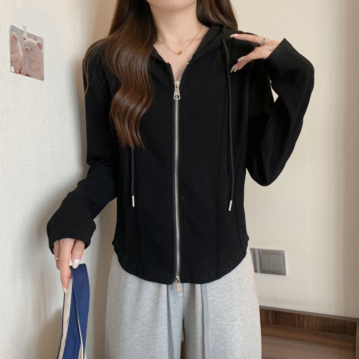 韓版顯瘦雙拉鍊不規則連帽寬鬆長袖T恤-HaloBless