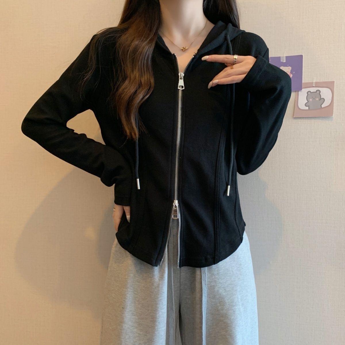 韓版顯瘦雙拉鍊不規則連帽寬鬆長袖T恤-HaloBless