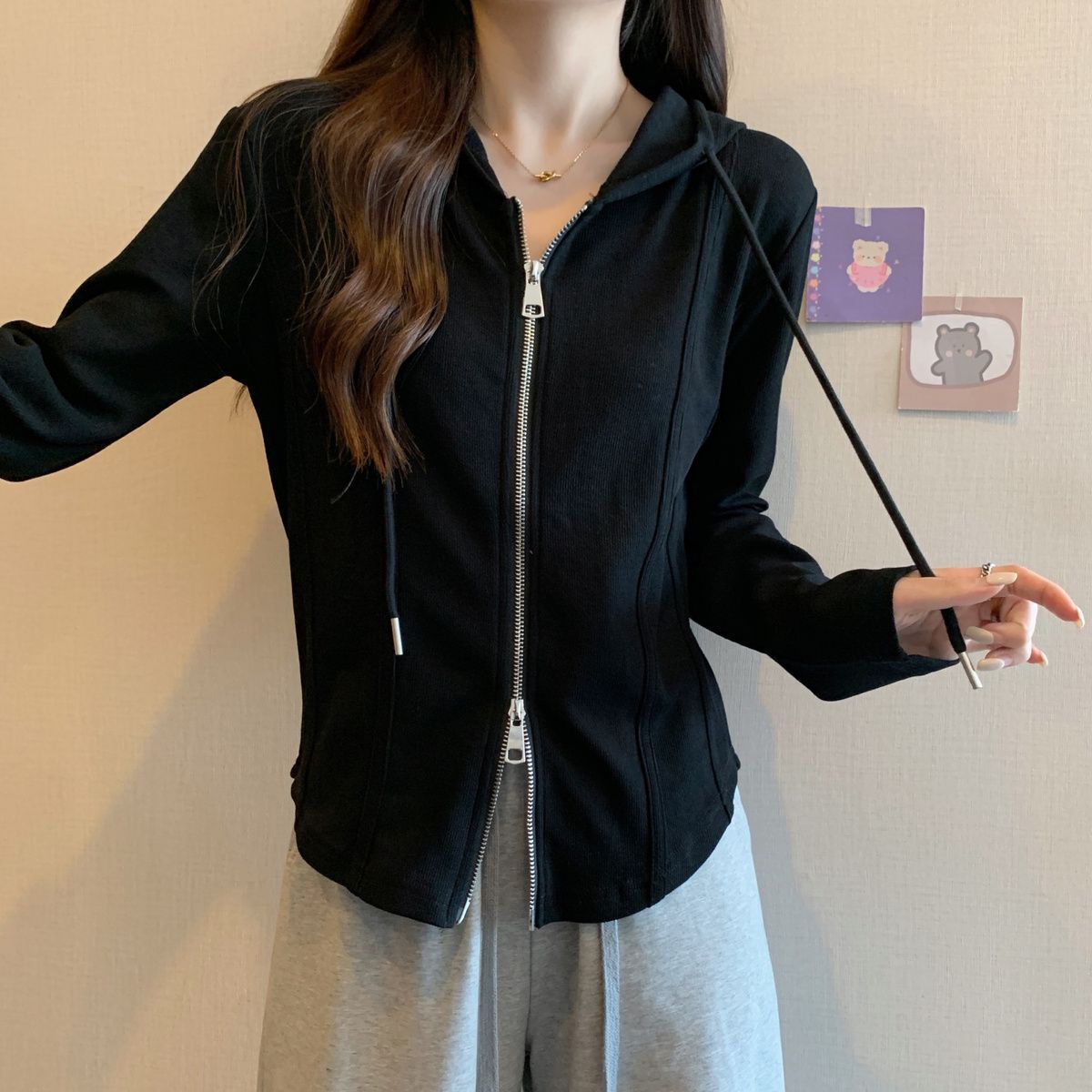 韓版顯瘦雙拉鍊不規則連帽寬鬆長袖T恤-HaloBless