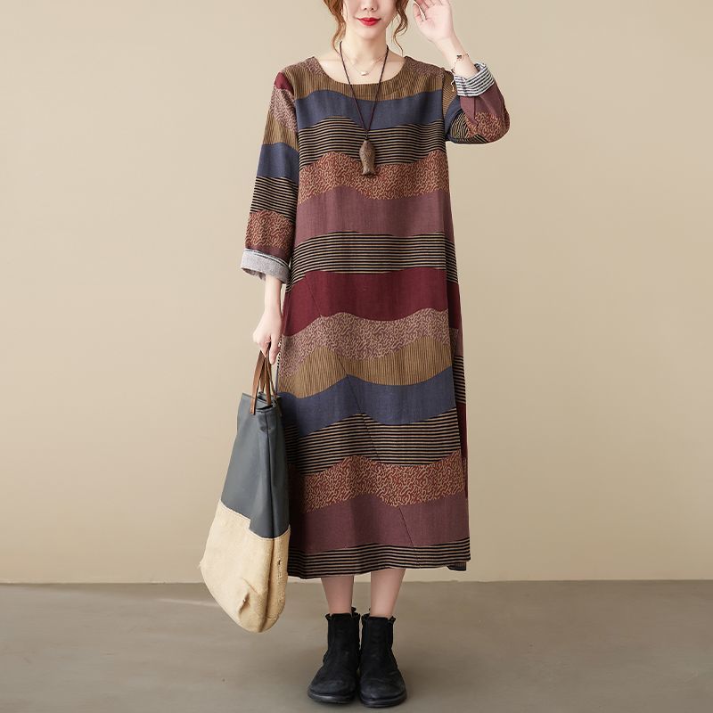 文藝洋氣復古亞麻條紋拼接棉麻洋裝-HaloBless