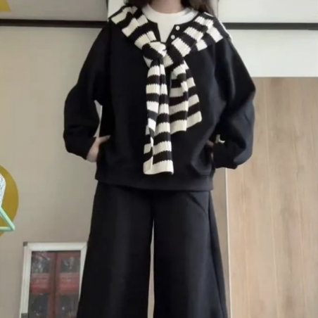 【單件/套裝】條紋披肩+慵懶風衛衣+闊腿褲三件套裝-HaloBless