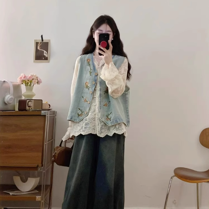 【單件/套裝】百搭蕾絲襯衫+氣質刺繡馬甲+復古闊腿牛仔褲三件套裝-HaloBless