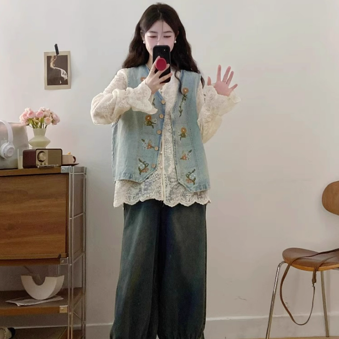 【單件/套裝】百搭蕾絲襯衫+氣質刺繡馬甲+復古闊腿牛仔褲三件套裝-HaloBless