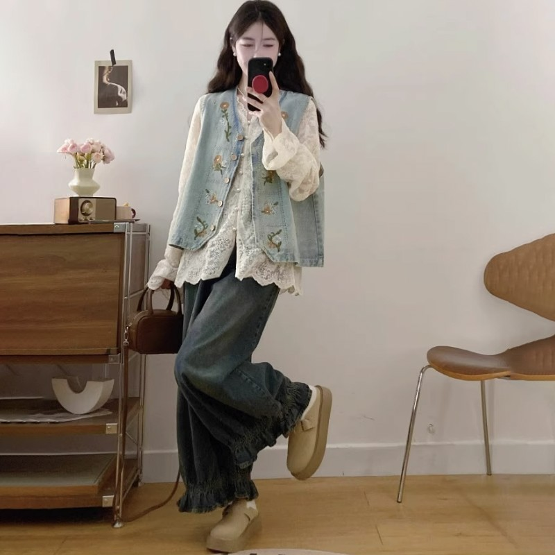 【單件/套裝】百搭蕾絲襯衫+氣質刺繡馬甲+復古闊腿牛仔褲三件套裝-HaloBless