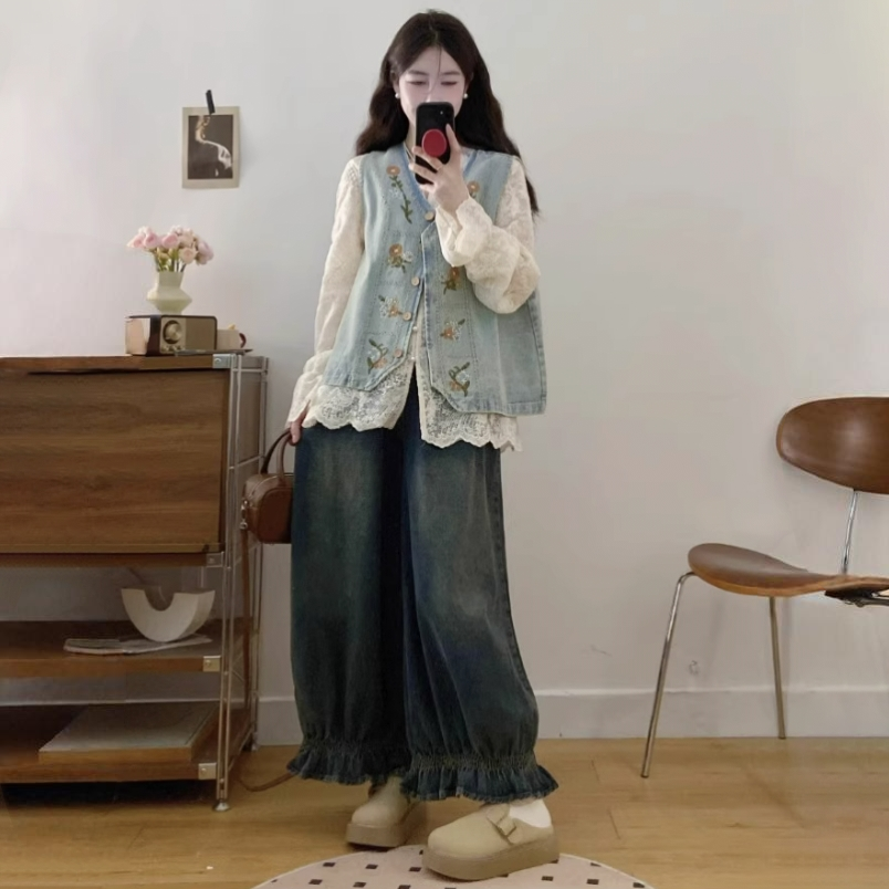 【單件/套裝】百搭蕾絲襯衫+氣質刺繡馬甲+復古闊腿牛仔褲三件套裝-HaloBless