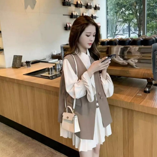 【單件/套裝】寬鬆馬甲+顯瘦洋氣襯衫百褶洋裝套裝-HaloBless