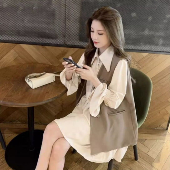 【單件/套裝】寬鬆馬甲+顯瘦洋氣襯衫百褶洋裝套裝-HaloBless