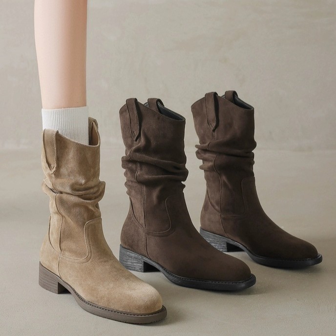 美拉德復古中筒牛仔堆堆短靴粗跟馬丁靴-HaloBless