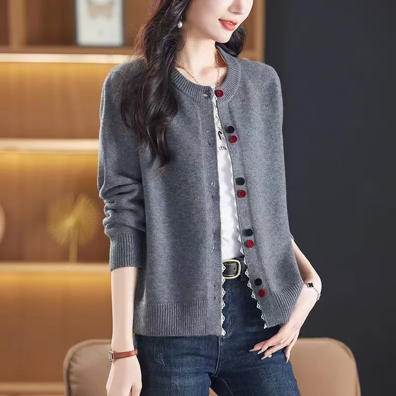 氣質百搭休閒寬松洋氣圓領針織開衫-HaloBless