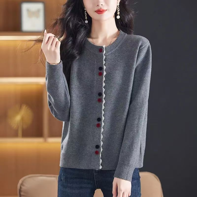 氣質百搭休閒寬松洋氣圓領針織開衫-HaloBless