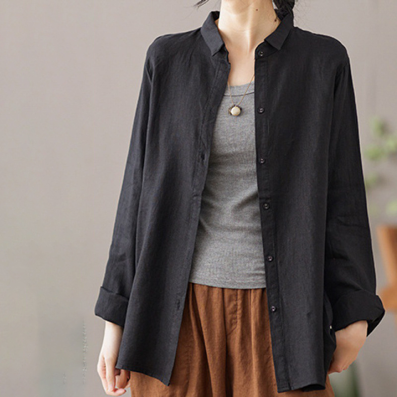 文藝復古亞麻翻領氣質長袖襯衫-HaloBless
