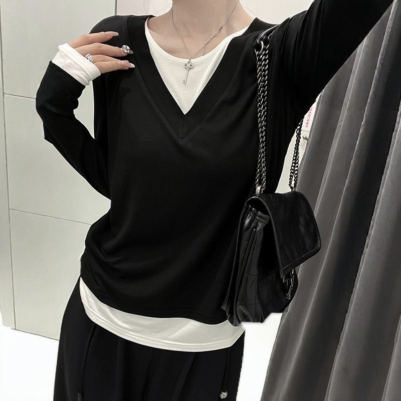 純棉假兩件純慾風內搭修身設計感長袖t恤-HaloBless