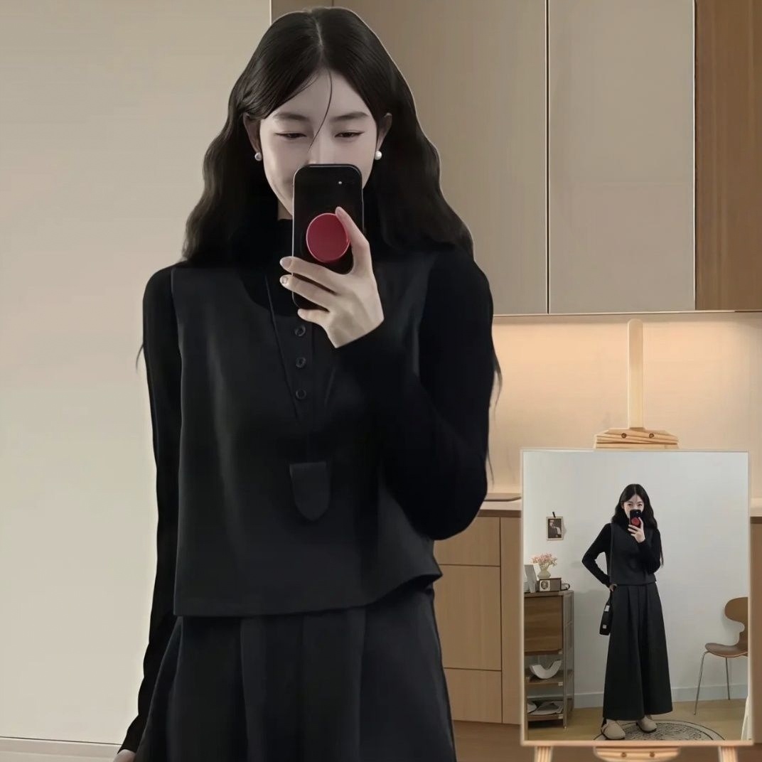 【單件/套裝】復古輕熟毛呢馬甲+長袖T恤+顯瘦闊腿褲三件套裝-HaloBless