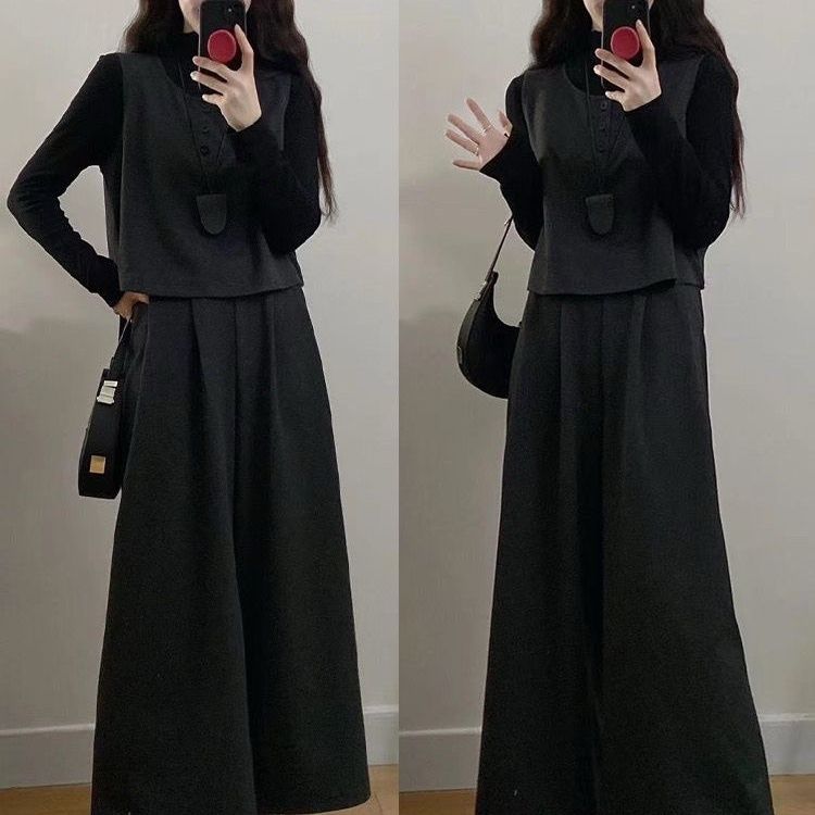 【單件/套裝】復古輕熟毛呢馬甲+長袖T恤+顯瘦闊腿褲三件套裝-HaloBless