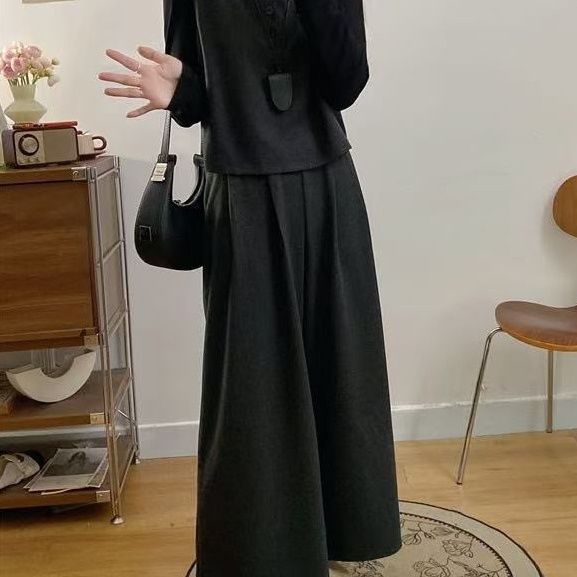 【單件/套裝】復古輕熟毛呢馬甲+長袖T恤+顯瘦闊腿褲三件套裝-HaloBless