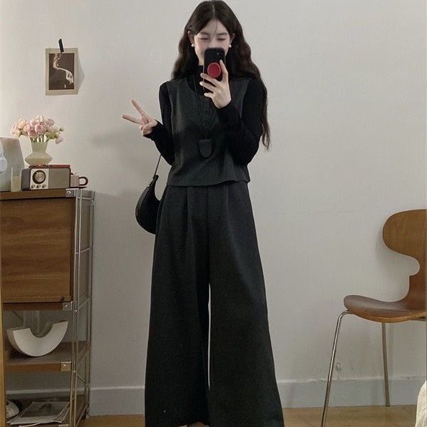 【單件/套裝】復古輕熟毛呢馬甲+長袖T恤+顯瘦闊腿褲三件套裝-HaloBless