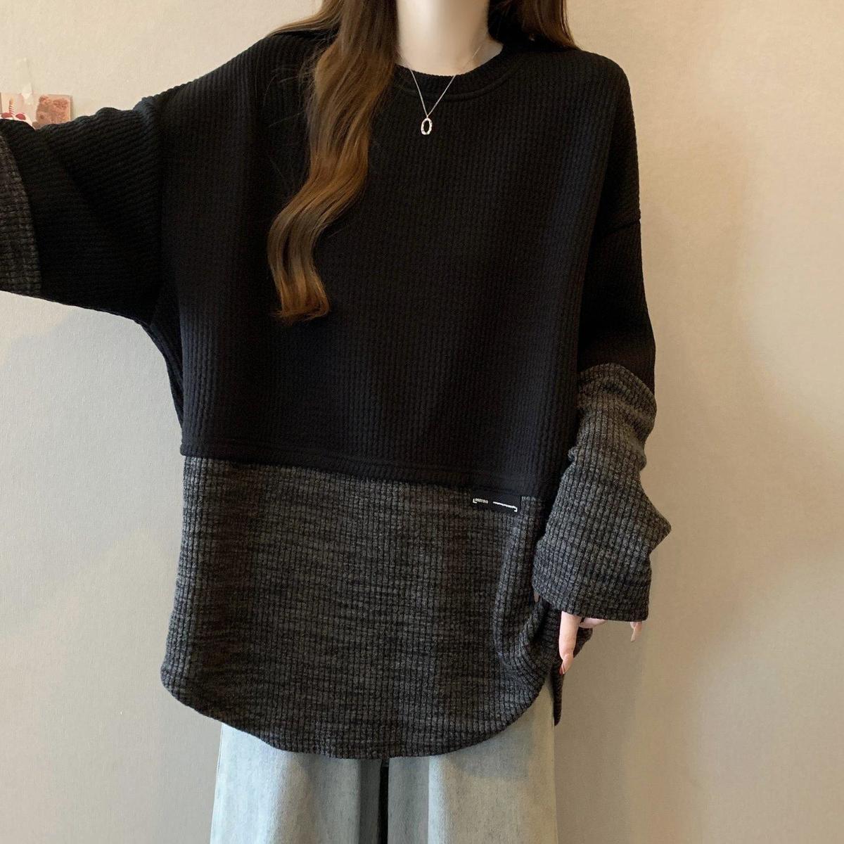 2色設計感拼接寬鬆慵懶撞色長袖T恤-HaloBless