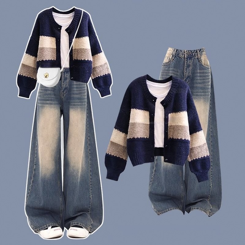 【單件/套裝】復古慵懶撞色針織開衫+收腰顯瘦做舊牛仔闊腿褲兩件套-HaloBless