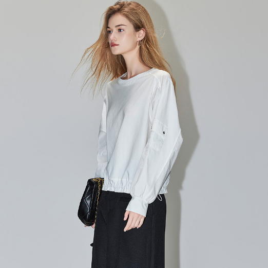 簡約風設計感時尚拼接下擺鬆緊襯衫-HaloBless