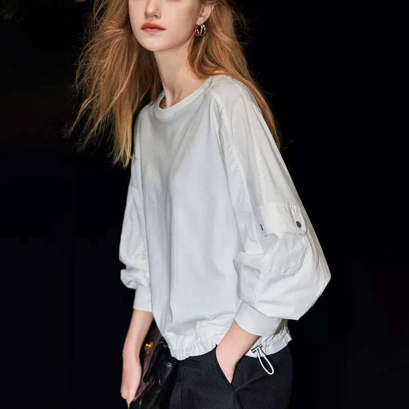 簡約風設計感時尚拼接下擺鬆緊襯衫-HaloBless