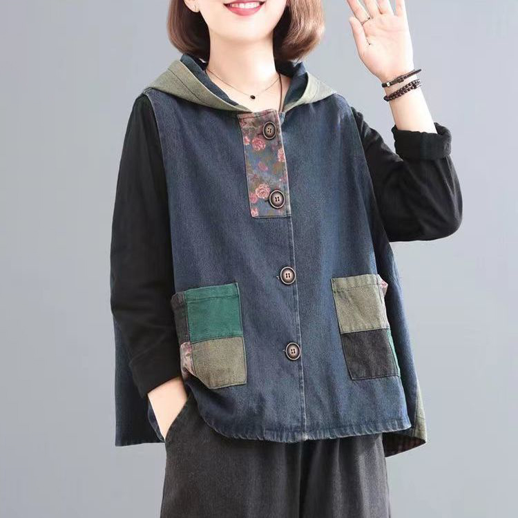 大碼復古做舊連帽印花拼接減齡牛仔馬甲外套-HaloBless