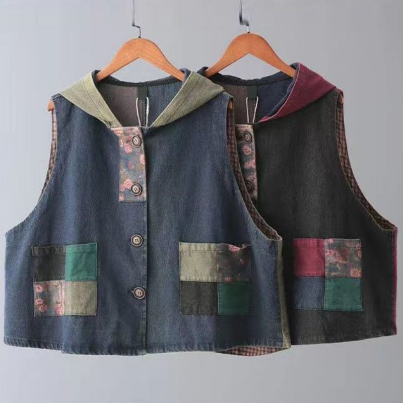 大碼復古做舊連帽印花拼接減齡牛仔馬甲外套-HaloBless