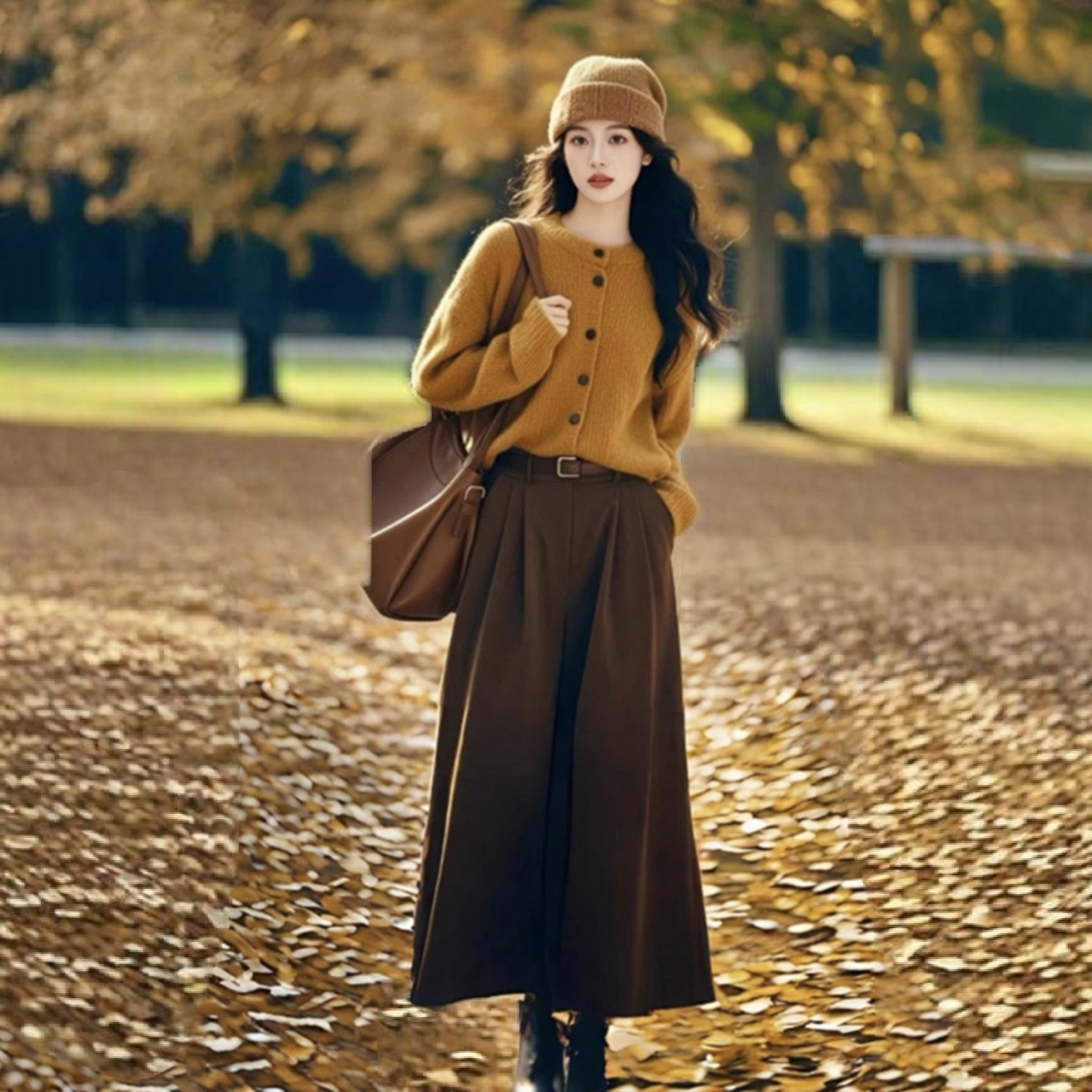 【單件/套裝】韓系溫柔風復古針織毛衣+美拉德色系半身裙兩件套-HaloBless