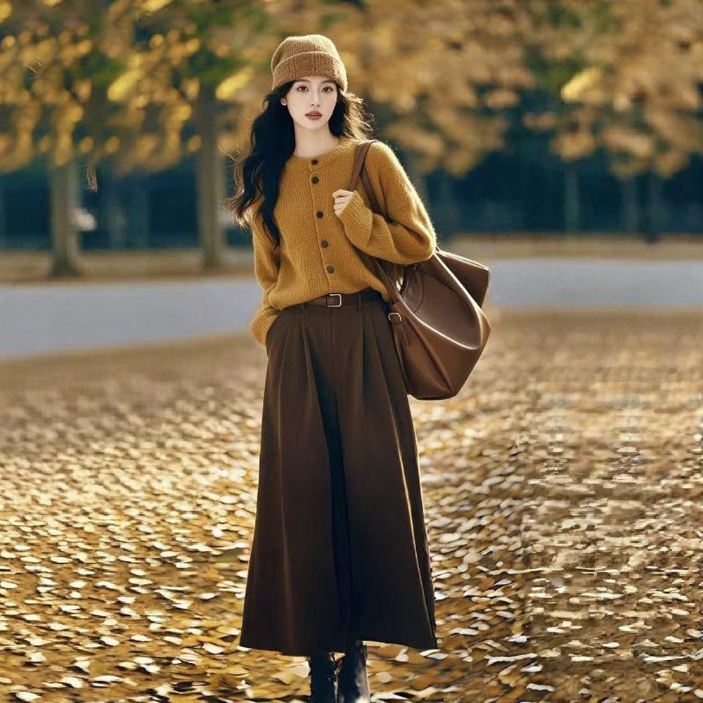 【單件/套裝】韓系溫柔風復古針織毛衣+美拉德色系半身裙兩件套-HaloBless