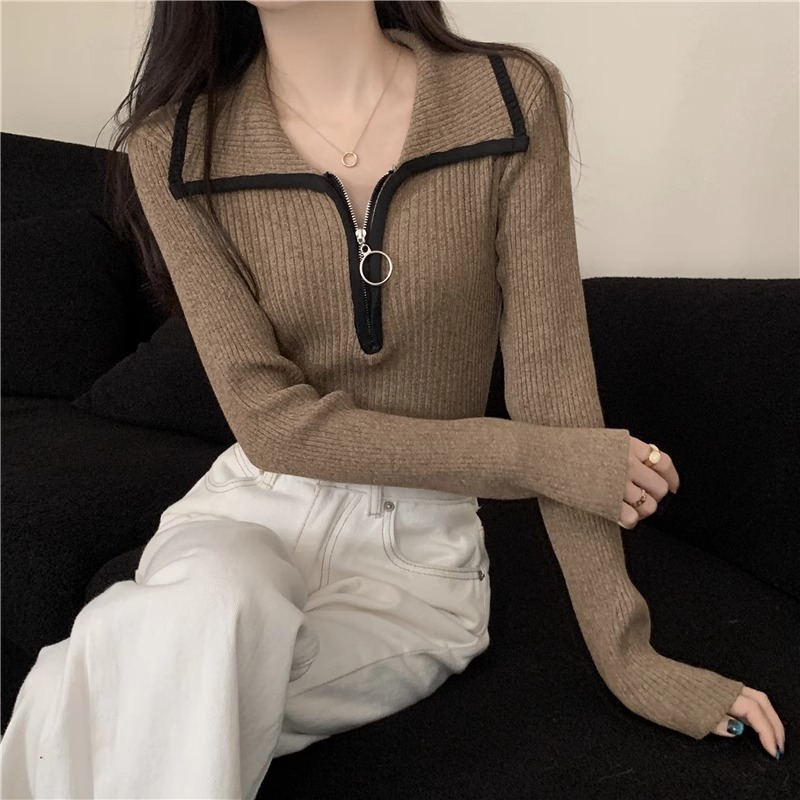 設計感撞色半拉鏈翻領修身顯瘦針織毛衣