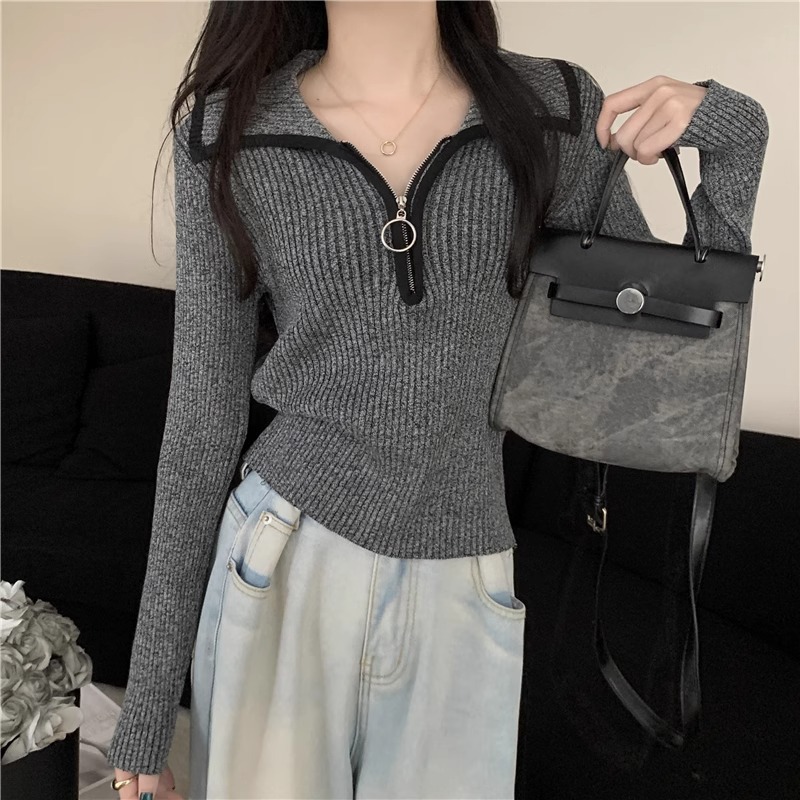 設計感撞色半拉鏈翻領修身顯瘦針織毛衣