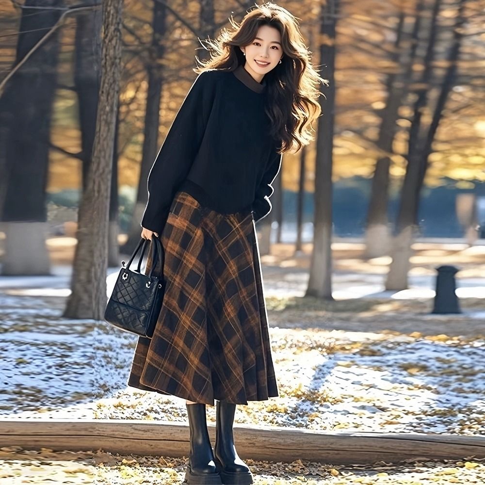 【單件/套裝】小香風撞色減齡毛衣+格子半身裙兩件套裝