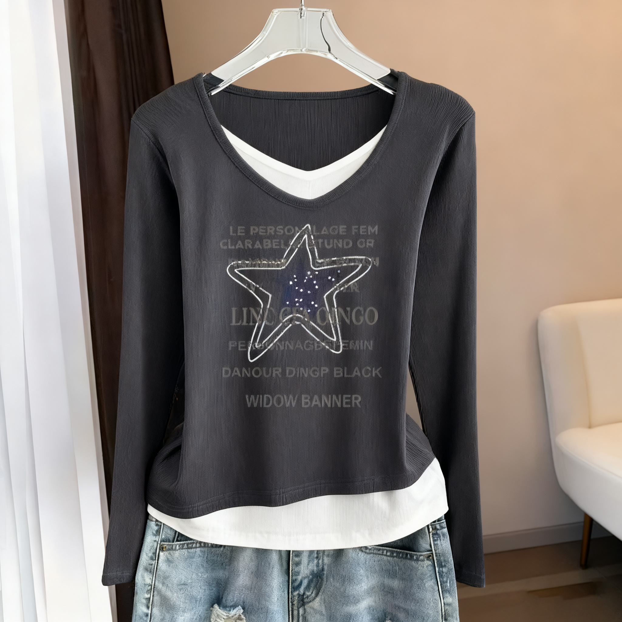 時尚顯瘦假兩件德絨撞色V領長袖T恤