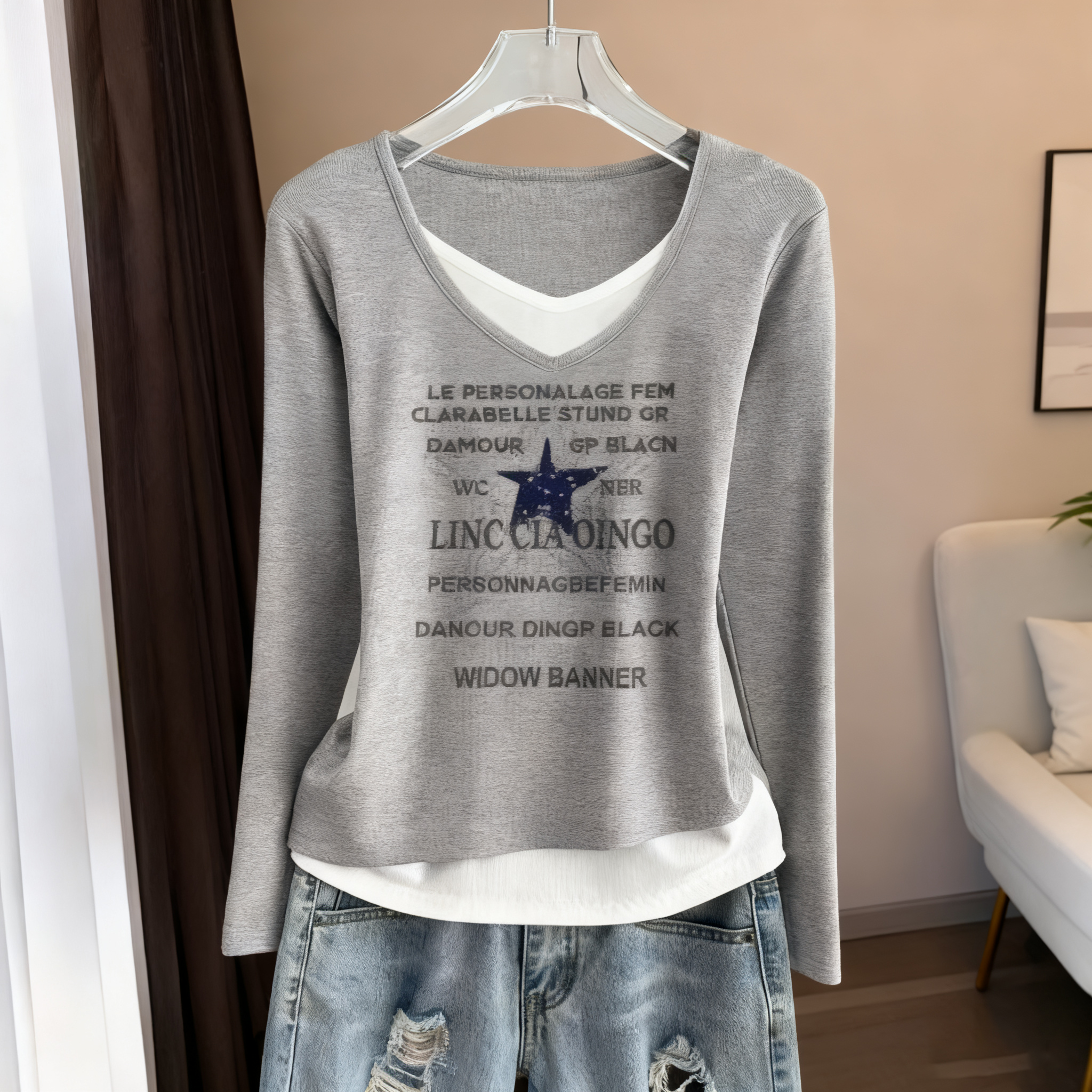 時尚顯瘦假兩件德絨撞色V領長袖T恤