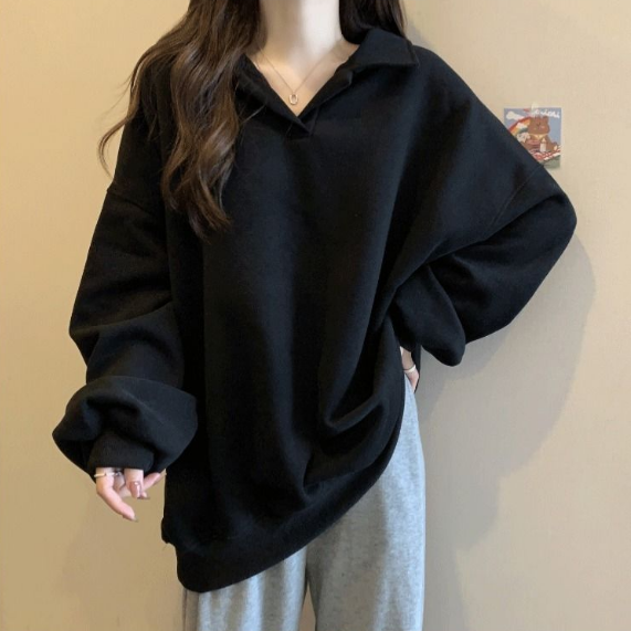 美式寬鬆翻領oversize顯瘦長袖T恤