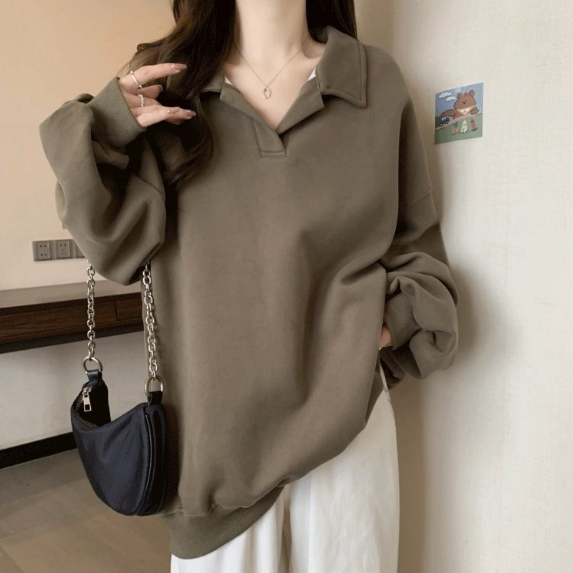 美式寬鬆翻領oversize顯瘦長袖T恤