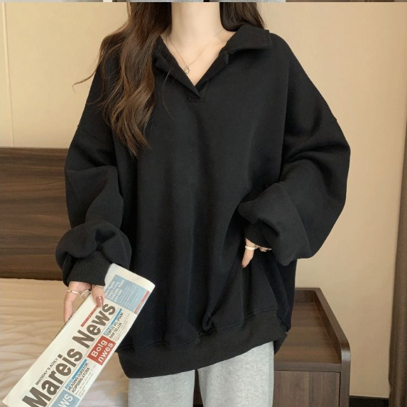 美式寬鬆翻領oversize顯瘦長袖T恤