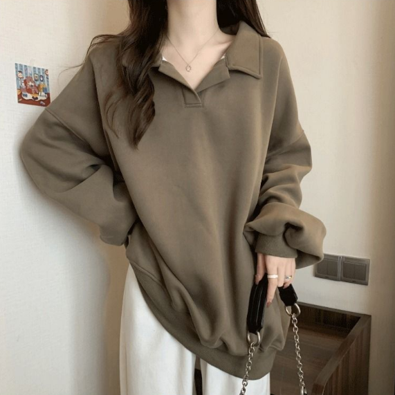 美式寬鬆翻領oversize顯瘦長袖T恤