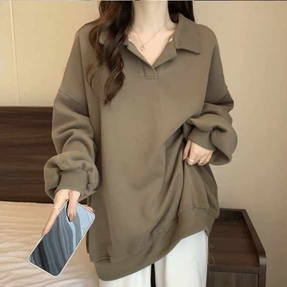 美式寬鬆翻領oversize顯瘦長袖T恤