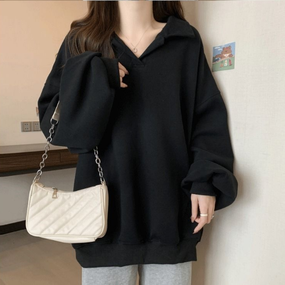 美式寬鬆翻領oversize顯瘦長袖T恤