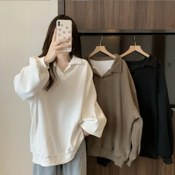 美式寬鬆翻領oversize顯瘦長袖T恤