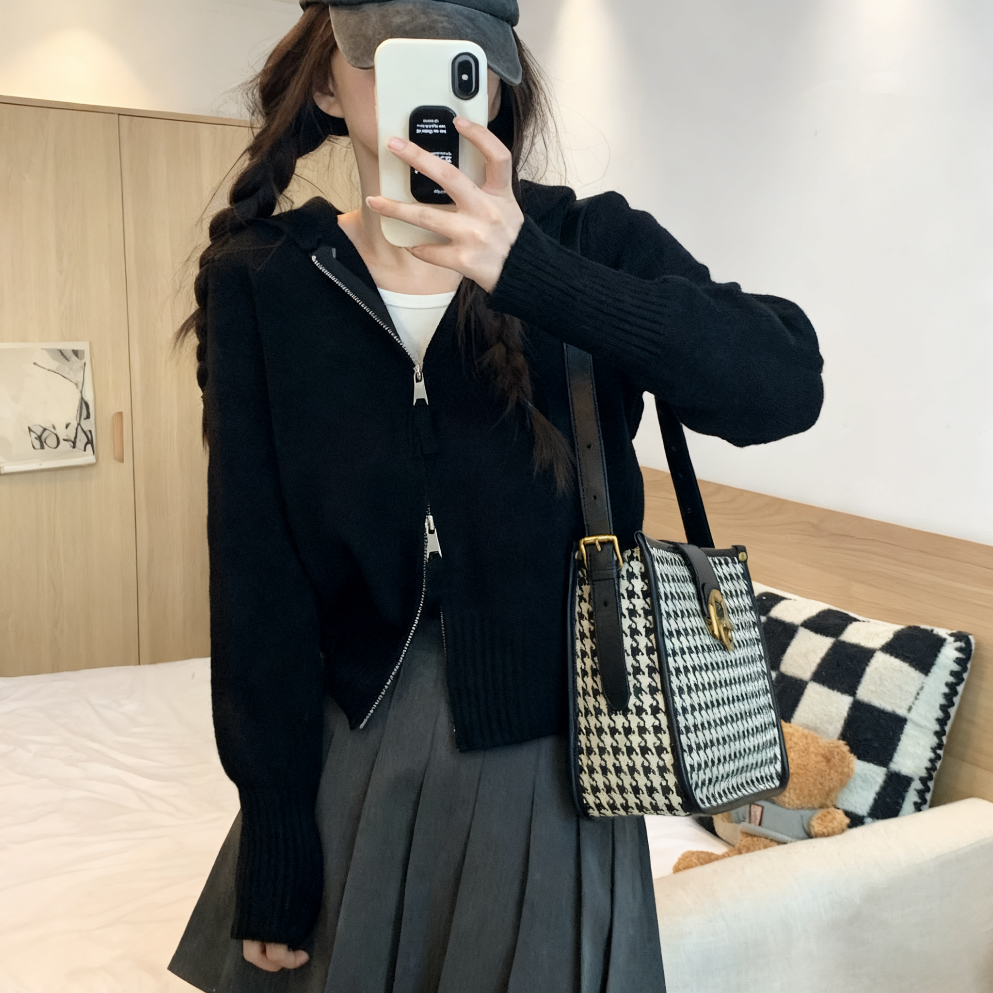 慵懶風拉鍊正肩短版外套連帽針織開衫