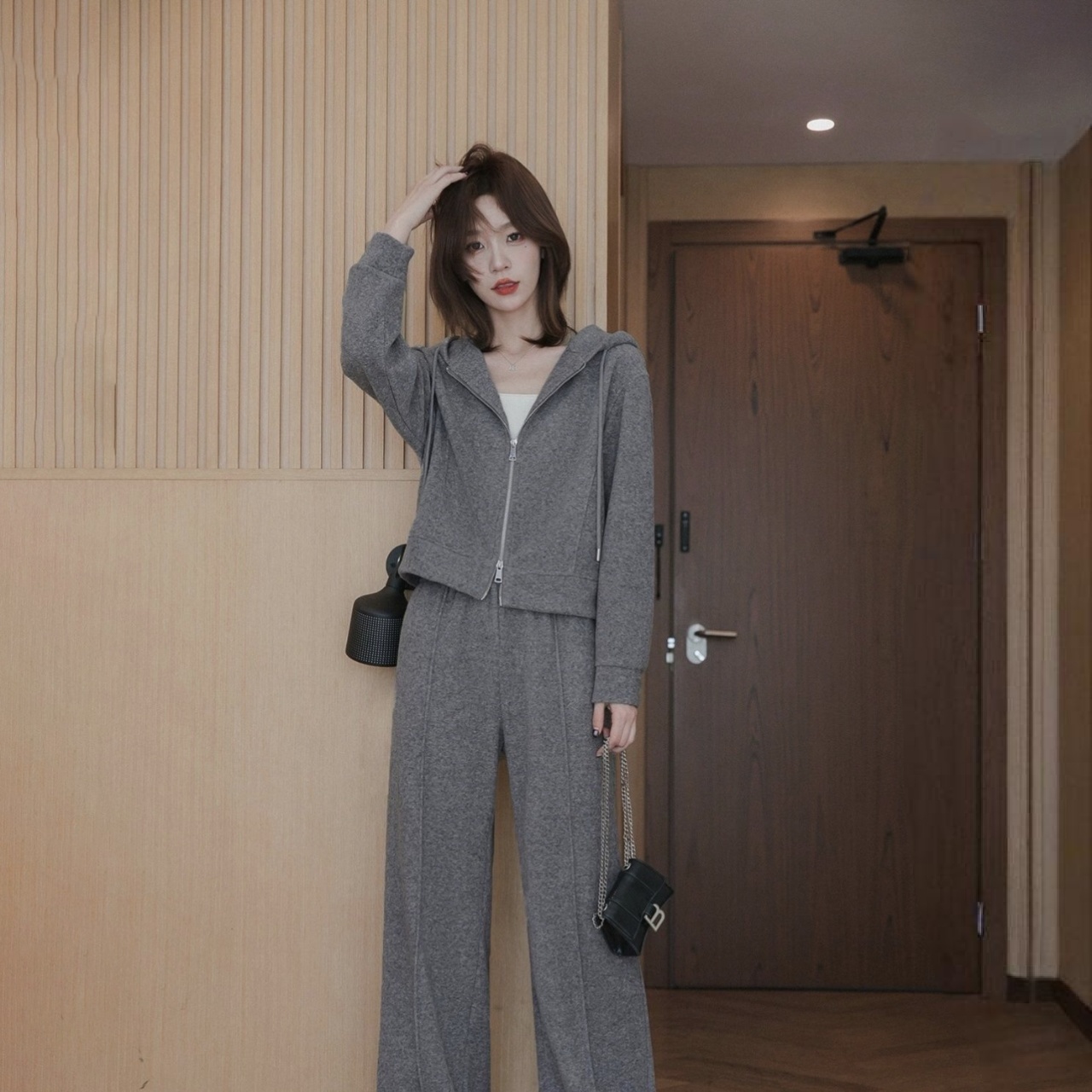 【單件/套裝】時尚連帽短版雙拉鏈外套+直筒休閒褲兩件套