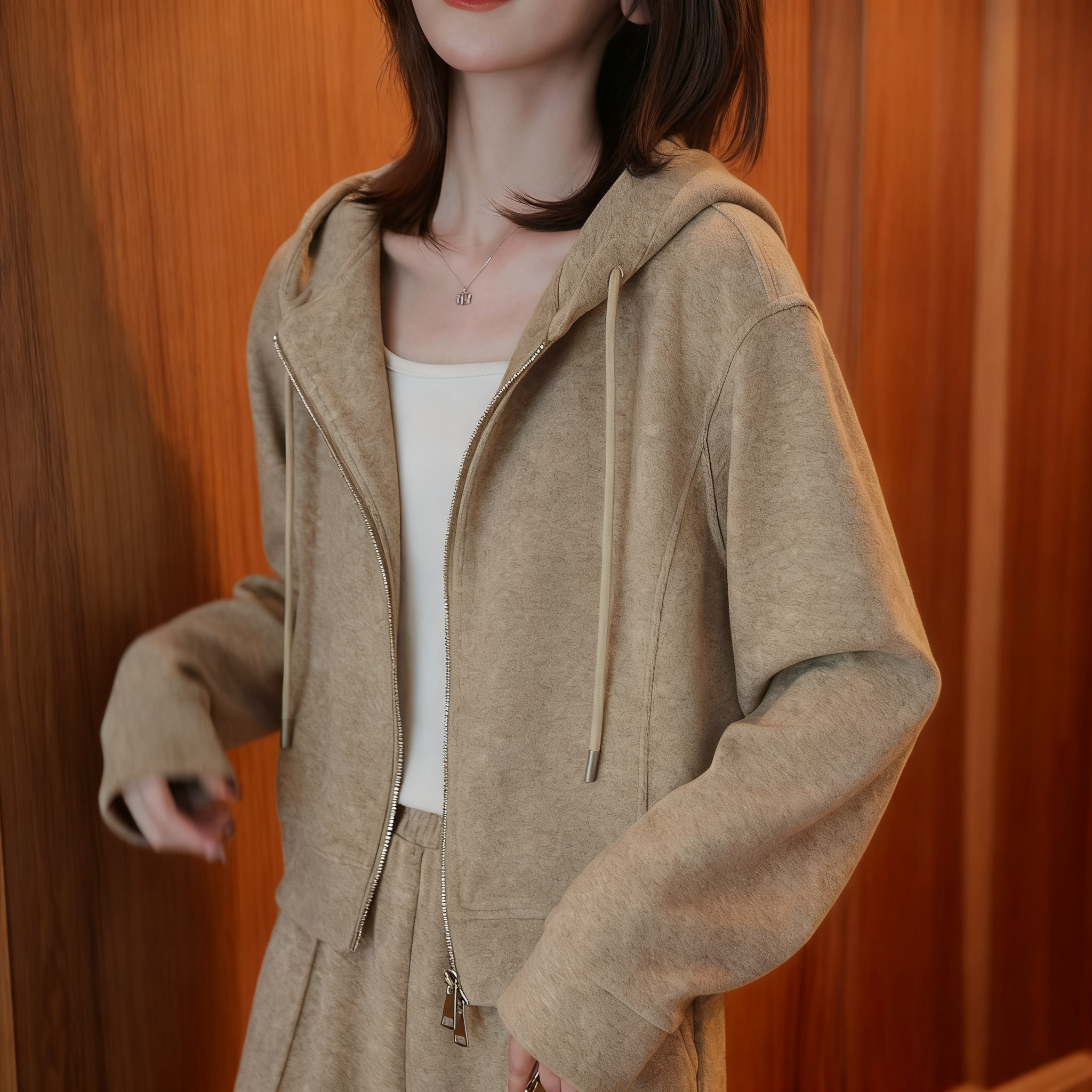 【單件/套裝】時尚連帽短版雙拉鏈外套+直筒休閒褲兩件套