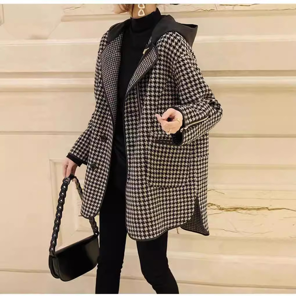 時尚寬鬆顯瘦連帽千鳥格中長毛呢外套