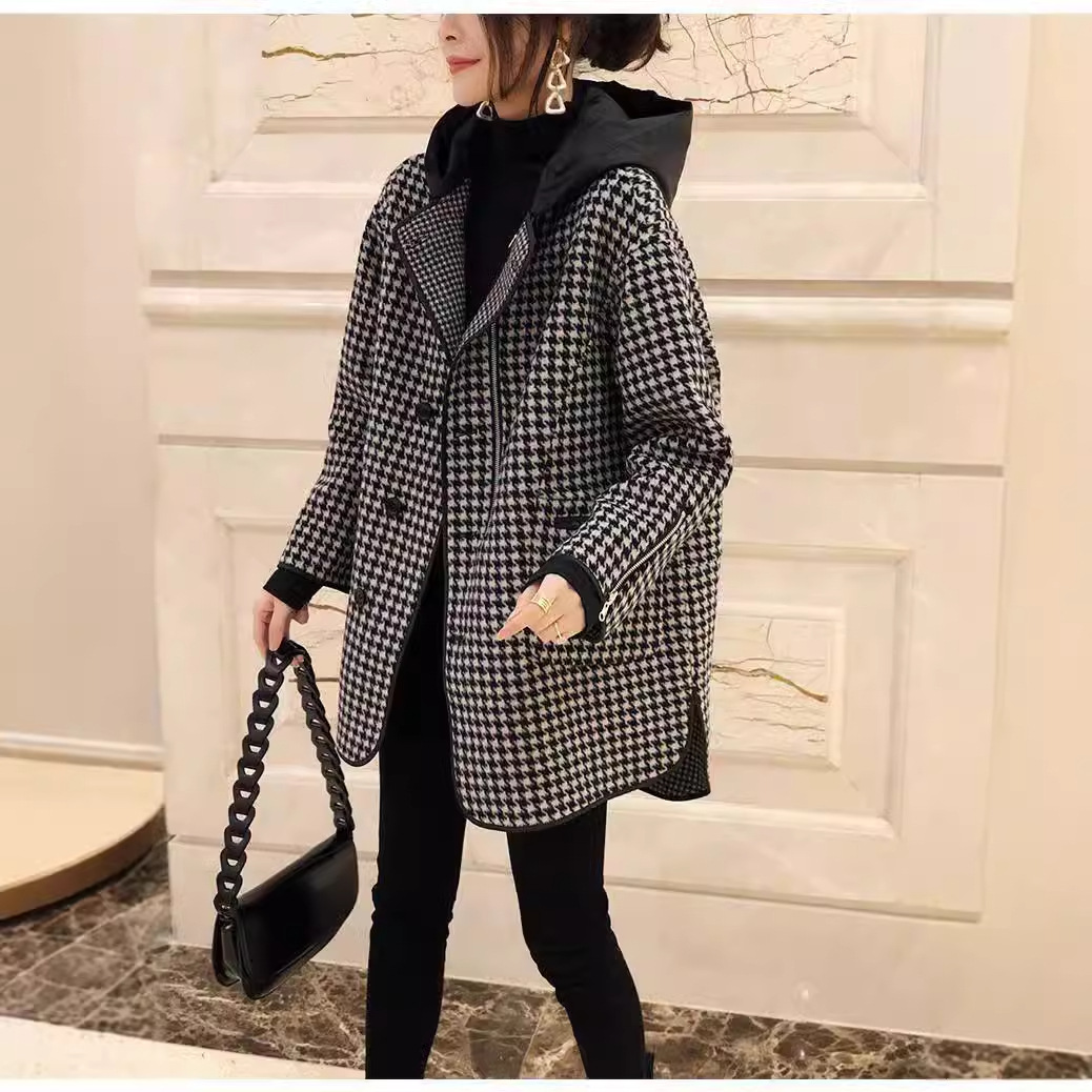 時尚寬鬆顯瘦連帽千鳥格中長毛呢外套